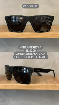 Óculos de Sol Ferrovia Masculino Quadrado Cinza Fosco Lente Preta Polarizado em Acetato 580127