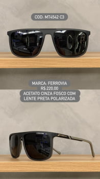 Óculos de Sol Ferrovia Masculino Quadrado Cinza Fosco Lente Preta Polarizado em Acetato MT4542 C3
