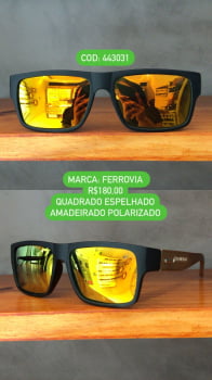 Óculos de Sol Ferrovia Masculino Preto Fosco Espelhado Quadrado com Perna Amadeirada em Bambu Acetato Polarizado 443031