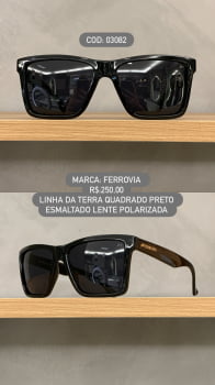 Óculos de Sol Ferrovia Masculino Quadrado Preto Esmaltado Lente Preta Polarizada Linha da Terra Feito a Mão em Acetato  03082
