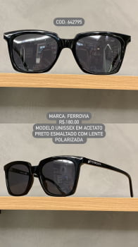 Óculos de Sol Ferrovia Unissex Preto Esmaltado Quadrado com Lente Preta Acetato Polarizado Linha Terra do Sol 642795