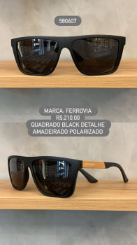Óculos de Sol Ferrovia Masculino Quadrado Preto com Detalhe Amadeirado Lente Preta Polarizada 580607