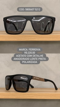 Óculos de Sol Ferrovia Masculino Quadrado Preto com Detalhe Amadeirado Lente Preta Polarizada 580607
