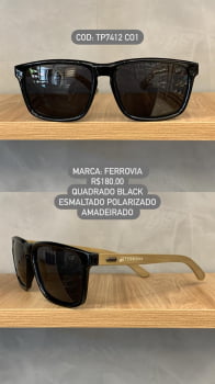 Óculos de Sol Ferrovia Masculino Quadrado Preto Esmaltado com Lente Preta Amadeirado em Acetato Polarizado TP7412 CO1