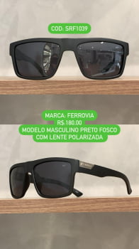 Óculos de Sol Ferrovia Masculino Quadrado Preto Fosco Acetato com Detalhe na Perna Lente Polarizada SRF1039 C2