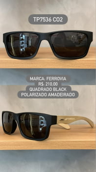 Óculos de Sol Ferrovia Masculino Quadrado Preto Fosco com Lente Preta Amadeirado em Acetato Polarizado TP7536 CO2