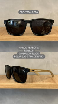 Óculos de Sol Ferrovia Masculino Quadrado Preto Fosco com Lente Preta em Acetato Polarizado TP7412 CO4