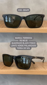 Óculos de Sol Ferrovia Masculino Quadrado Preto Fosco com Lente Verde Terra do Sol Polarizado em Acetato 283499