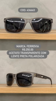 Óculos de Sol Ferrovia Masculino Translucido Cinza Fosco com Lentes Pretas Polarizadas em Acetato 436663
