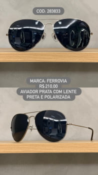 Óculos de Sol Ferrovia Prata Aviador Retrô com Lente Preta Polarizada Ponte Alta em Metal 283833