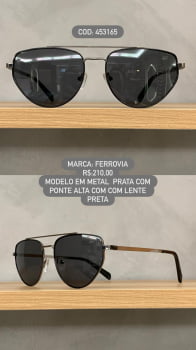 Óculos de Sol Ferrovia Prata com  Ponte Alta Lente Preta em Metal 453165