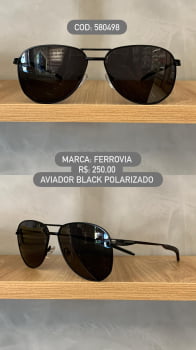 Óculos de Sol Ferrovia Preto Aviador com Lente Preta Polarizada Metal 580498