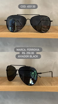 Óculos de Sol Ferrovia Preto Aviador com Ponte Alta Lente Preta Metal 453130