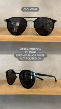 Óculos de Sol Ferrovia Preto Aviador Redondo com Ponte Alta Lente Preta Polarizado Metal 453099