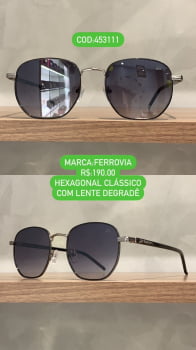 Óculos de Sol Ferrovia Preto com Prateado Esmaltado Hexagonal Atemporal Metal e Acetato Lente Degrade 453111