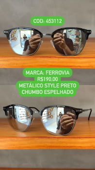 Óculos de Sol Ferrovia Preto e Chumbo Esmaltado Quadrado Lente Espelhada Metal e Acetato 453112