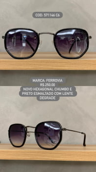 Óculos de Sol Ferrovia Preto e Chumbo Novo Hexagonal com Lente Degrade em Metal 571146 C6