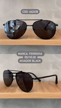 Óculos de Sol Ferrovia Preto Esmaltado Aviador com Ponte Alta Lente Preta Metal  642438