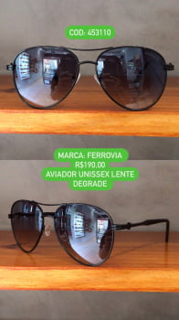 Óculos de Sol Ferrovia Preto Esmaltado Aviador Metal Lente Degrade com Ponte Alta 453110