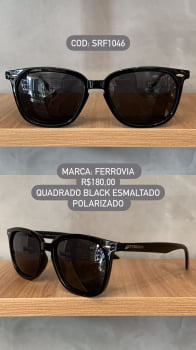Óculos de Sol Ferrovia Preto Esmaltado Quadrado Lente Preta Acetato Polarizado SRF1046 C1
