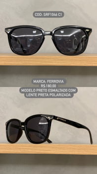 Óculos de Sol Ferrovia Preto Esmaltado Quadrado Lente Preta Acetato Polarizado SRF1046 C1