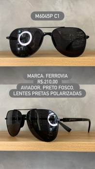 Óculos de Sol Ferrovia Preto Fosco Aviador com Lente Preta Polarizado em Metal M6045P C1