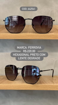 Óculos de Sol Ferrovia Preto Hexagonal com Lente Degrade em Metal 642541