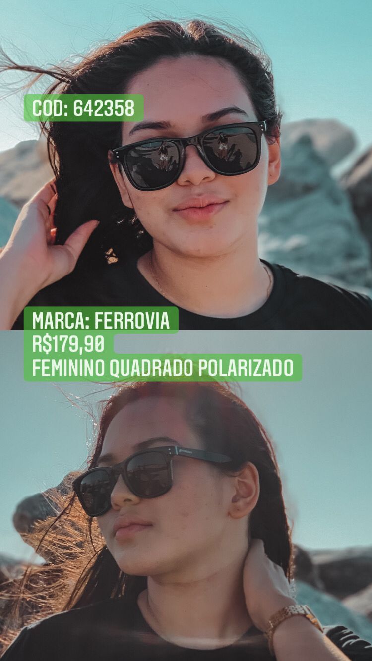 Óculos de Sol Feminino Polarizado Preto Com Lente Verde Acetato Ferrovia  - 642358