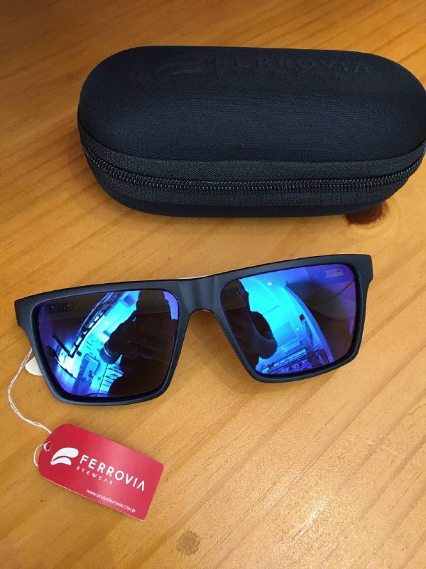 Óculos de Sol Masculino Amadeirado Acetato Quadrado Polarizado Azul Ferrovia  - JC2205