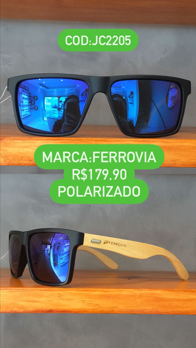 Óculos de Sol Masculino Amadeirado Acetato Quadrado Polarizado Azul Ferrovia  - JC2205