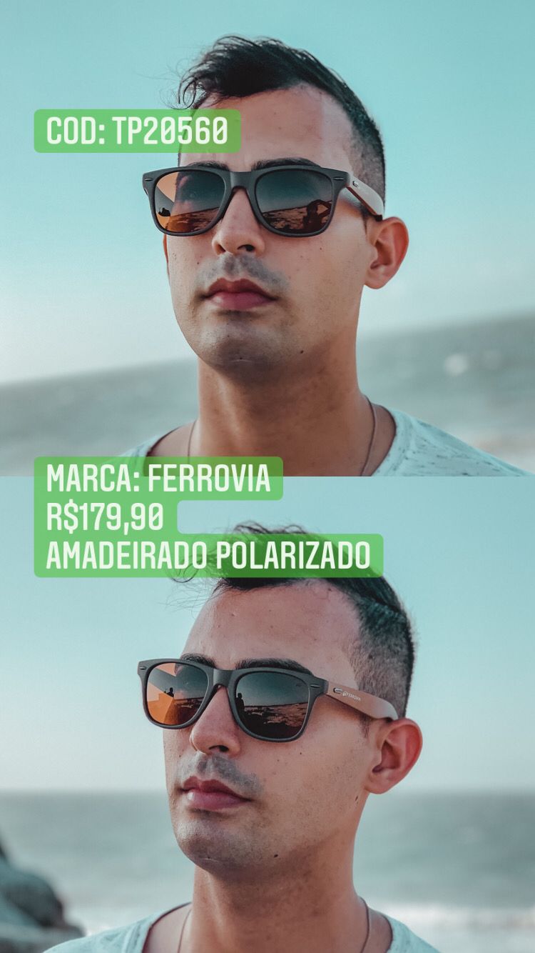 Óculos de Sol Masculino Quadrado Polarizado Amadeirado Com Lente Verde Acetato Ferrovia  - TP20560