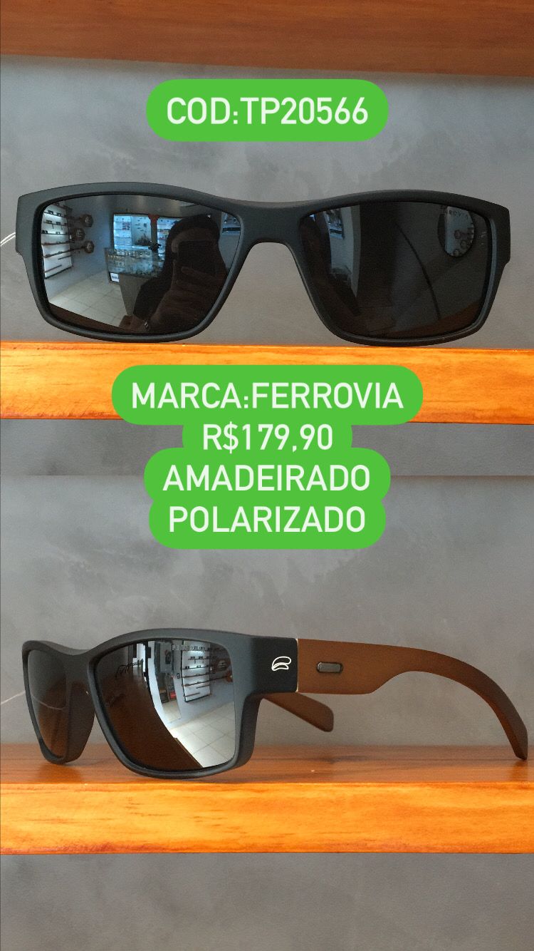 Óculos de Sol Masculino Polarizado Amadeirado Marrom Com Lente Preta Redondo Ferrovia  - TP20566