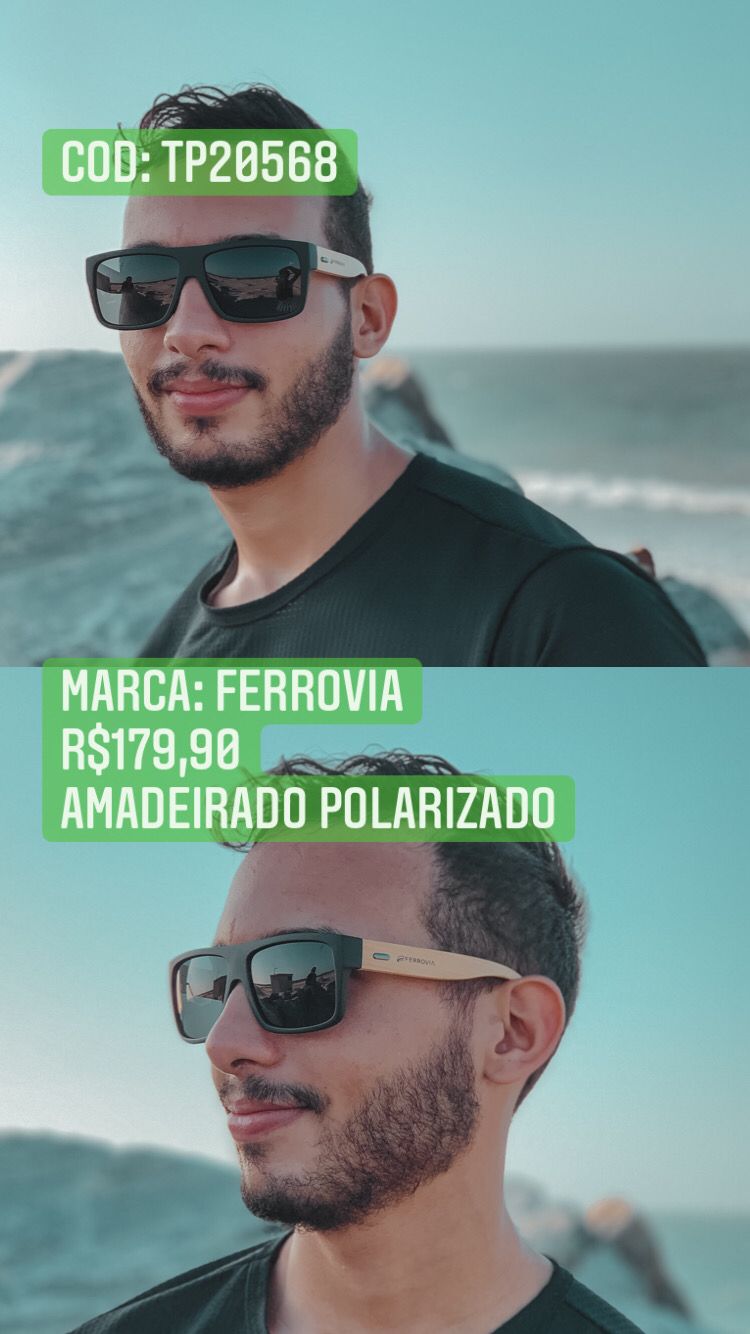 Óculos de Sol Masculino Polarizado Quadrado Amadeirado Com Lente Preta Acetato Ferrovia- TP20568