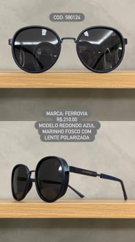 Óculos de Sol Ferrovia Redondo Azul Marinho Fosco com Lente Preta Polarizada em Acetato e Metal 580124 