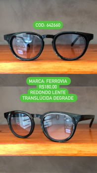 Óculos de Sol Ferrovia Preto Esmaltado Acetato Redondo Lente Translúcida Degrade 642660