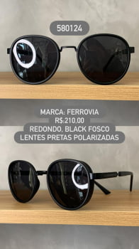 Óculos de Sol Ferrovia Redondo Preto Fosco com Lente Preta Polarizada em Acetato e Metal 580124