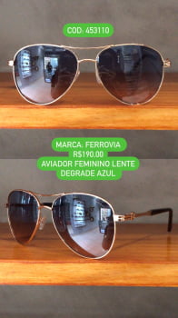 Óculos de Sol Ferrovia Feminino Rose Esmaltado Hexagonal Atemporal Metal e Acetato Lente Degrade Azul com Ponte Alta 453110_