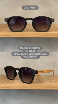 Óculos de Sol Ferrovia Style Preto Fosco Redondo em Acetato Amadeirado com Lente Degradê 453134