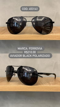 Óculos de Sol Ferrovia Unissex Preto Aviador com Ponte Alta Lente Preta Polarizada Metal 453141