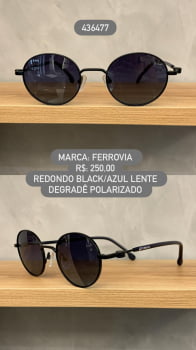 Óculos de Sol Ferrovia Unissex Preto e Azul Redondo com Lente Degradê polarizado em Metal 436477