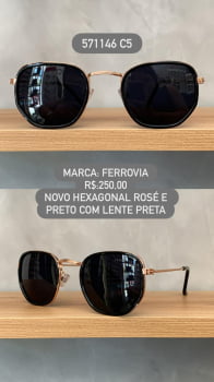 Óculos de Sol Ferrovia Unissex Preto e Rosé Novo Hexagonal com Lente Preta Metal 571146 C5