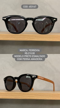 Óculos de Sol Ferrovia Unissex Preto Esmaltado Amadeirado Quadrado em Acetato com lente Preta 453167