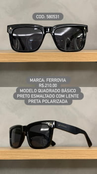 Óculos de Sol Ferrovia Unissex Preto Esmaltado Básico Quadrado com Lente Preta Polarizado em Acetato 580531