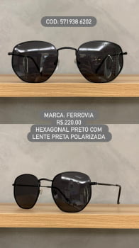 Óculos de Sol Ferrovia Unissex Preto Esmaltado Hexagonal com Lente Preta Polarizada Grande em Metal 571938 6202