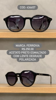 Óculos de Sol Ferrovia Unissex Preto Esmaltado Redondo em Acetato com lente Degrade Polarizada 436657 6205