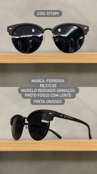 Óculos de Sol Ferrovia Unissex Preto Fosco Redondo Lente Preta Acetato e Metal 571099