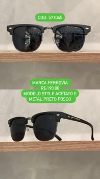 Óculos de Sol Ferrovia Unissex Preto Fosco Redondo Metal e Acetato Lente Preta 571045