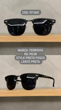 Óculos de Sol Ferrovia Unissex Preto Fosco Redondo Metal e Acetato Lente Preta 571045