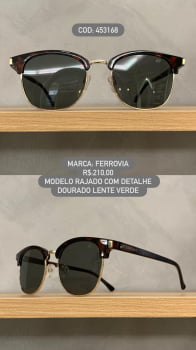 Óculos de Sol Ferrovia Unissex Rajado com detalhe Dourado Redondo Metal e Acetato Lente Verde 453168