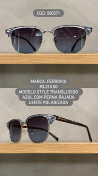 Óculos de Sol Ferrovia Unissex Translucido Azul com Perna Rajada Metal e Acetato Lente Degrade Polarizada 580571